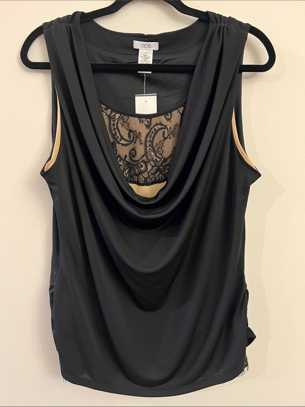 Cache Black Draped Cowl Neck Camisole with Lace Inset